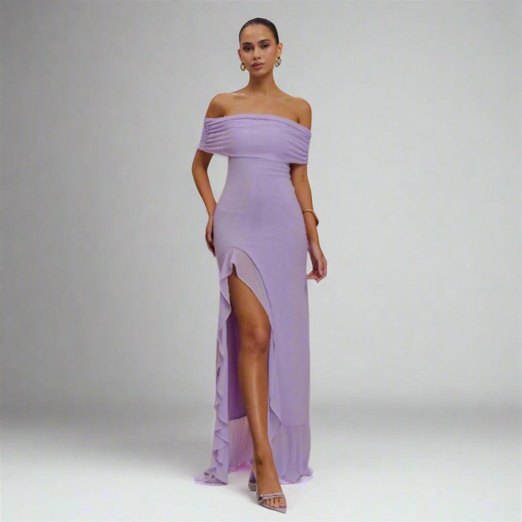 Audrey Off Shoulder Mesh Maxi Dress - Lilac