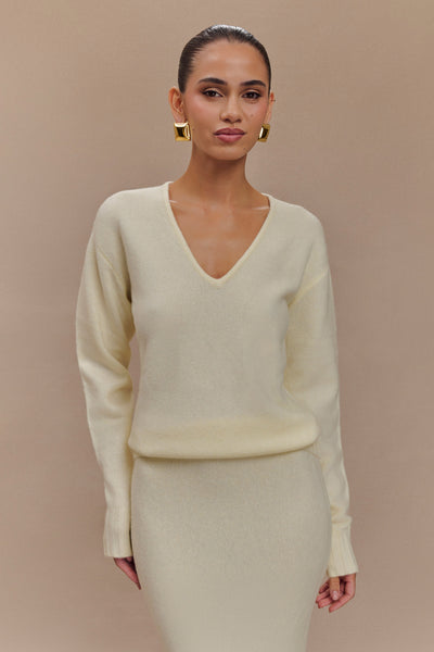 Ella V Neck Knit Jumper With Scarf - Ivory Marle