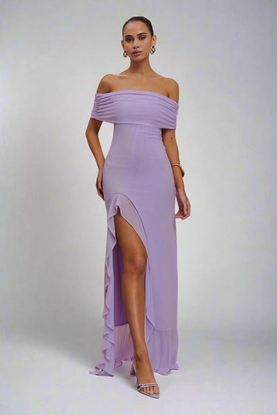 Audrey Off Shoulder Mesh Maxi Dress - Lilac