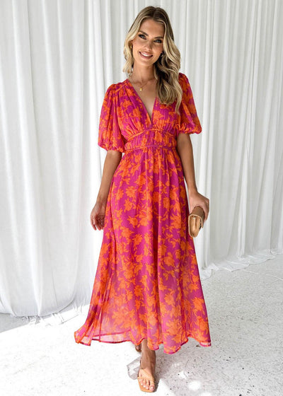 Katty I  Floral Midi Dress with Puff Sleeves and V-neck