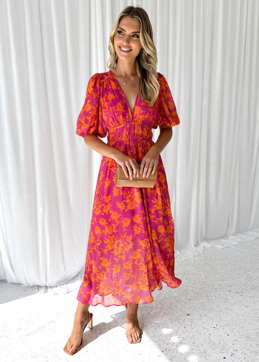 Katty I  Floral Midi Dress with Puff Sleeves and V-neck