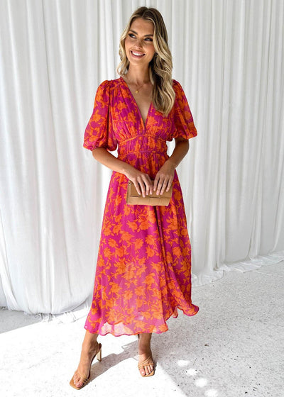 Katty I  Floral Midi Dress with Puff Sleeves and V-neck